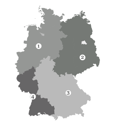 Deutschland-Karte mit eingezeichneten Besatzungszonen: (1) im Nord-Westen, (2) im Nord-Osten, (3) im Süd-Osten, und (4) im Süd-Westen