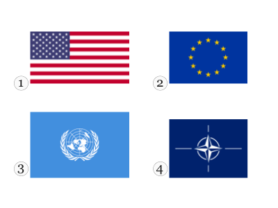 Eine Grafik mit 4 Flaggen: 1) gestreift, 2) blau mit kreisförmig angeordneten Sternen, 3) heller Hintergrund, Weltkarte, umrandet von Olivenzweigen, 4)