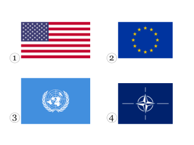 Eine Grafik mit 4 Flaggen: 1) gestreift, 2) blau mit kreisförmig angeordneten Sternen, 3) heller Hintergrund, Weltkarte, umrandet von Olivenzweigen, 4) marineblaues Feld, auf dem eine weiße Windrose mittig angebracht ist